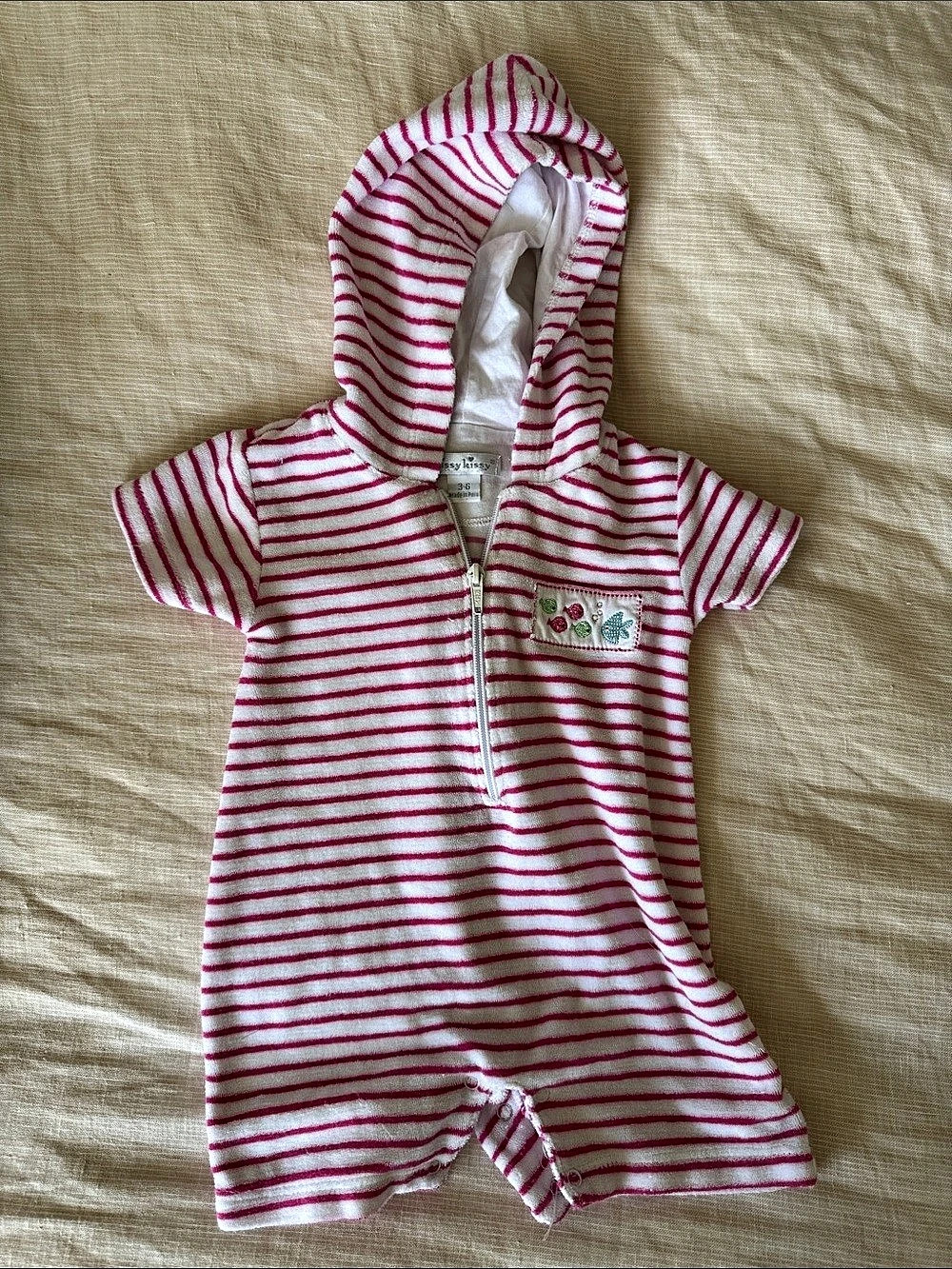 Kissy kissy Striped Hooded terry towel Romper in Pink & White Baby 3-6M